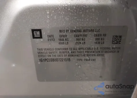 2013 Chevrolet Cruze 1Lt Auto из США, поврежденный, VIN 1G1PC5SB8D7221515